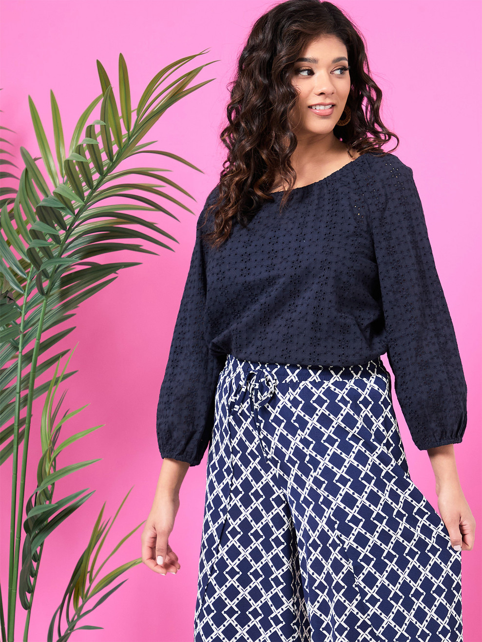 Petite 3/4 Sleeve Scoop Neck Eyelet Blouse