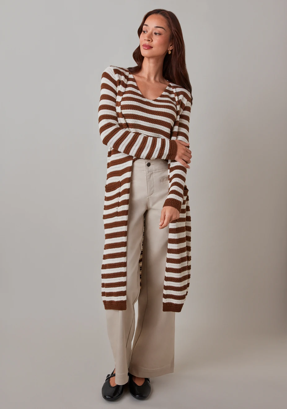 Petite Long Sleeve Textured Cardigan Sweater Tobacco Stripe