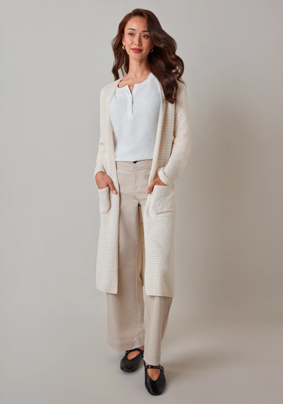 Petite Long Sleeve Textured Cardigan Sweater Ecru