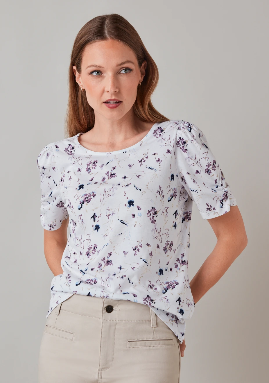 Ruched Elbow Sleeve Scoop Neck Tee White Floral