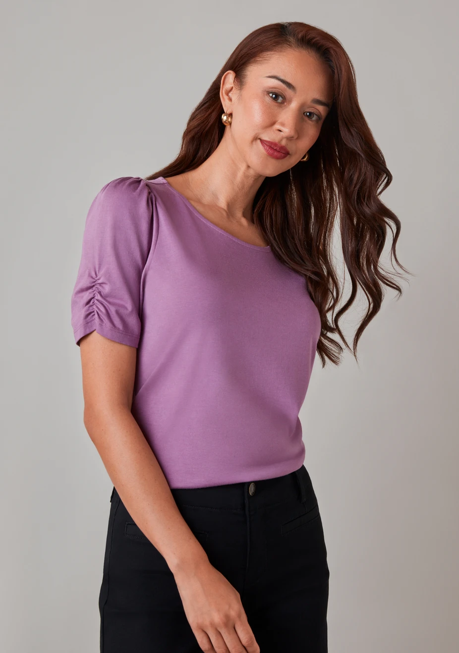 Petite Ruched Elbow Sleeve Scoop Neck Tee Dusty Purple