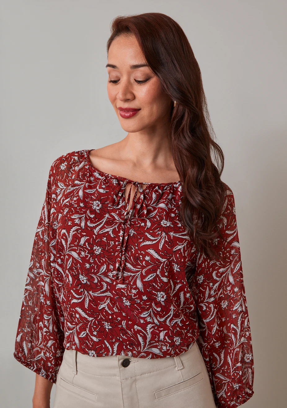 Petite 3/4 Sleeve Round Neck Blouse Terracotta Paisley Floral