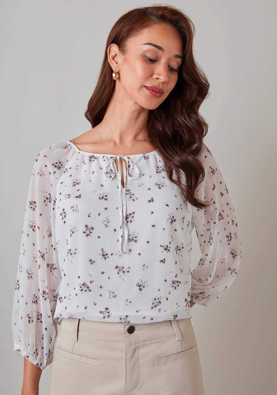 Petite 3/4 Sleeve Round Neck Blouse Lavender Floral