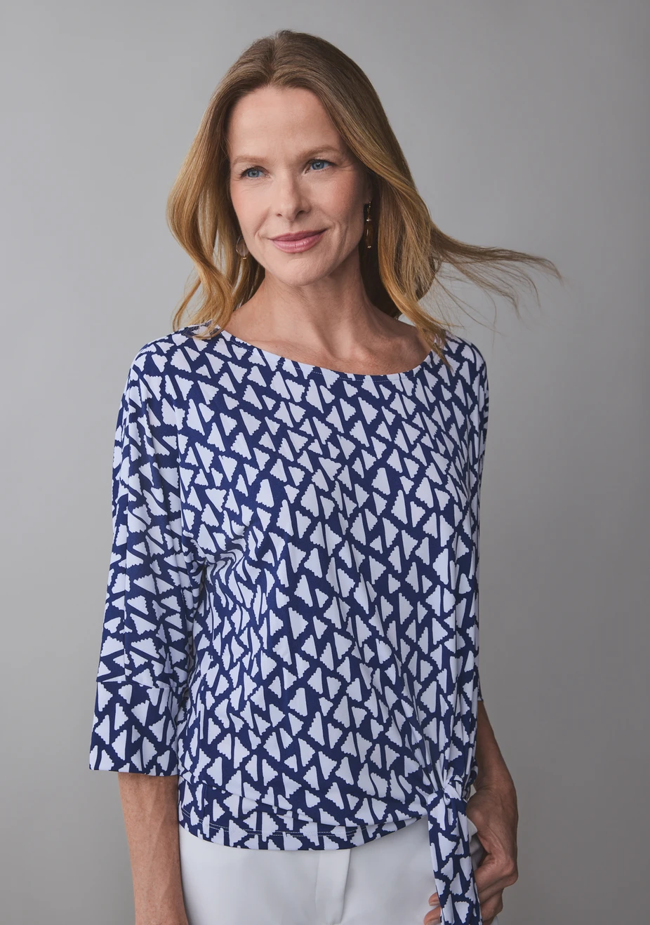 3/4 Sleeve Round Neck Top with Side Tie Detail Blue White Geo