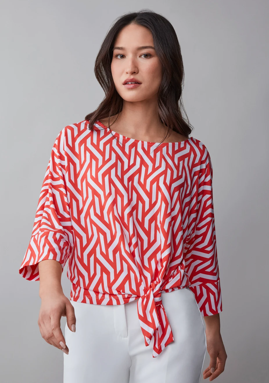 3/4 Sleeve Round Neck Top with Side Tie Detail Papaya White Graphic