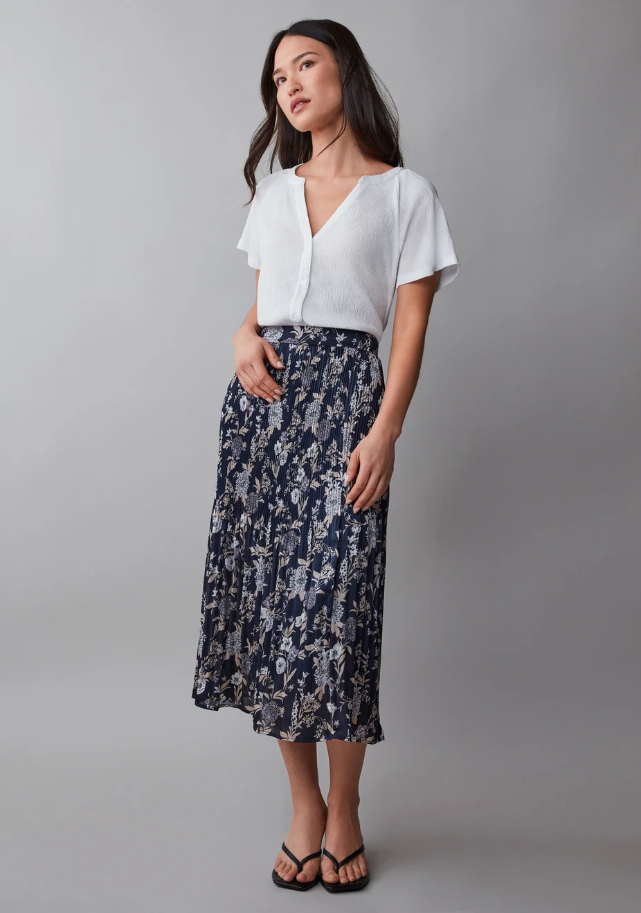 Pleated Crinkle Satin Skirt Navy Floral