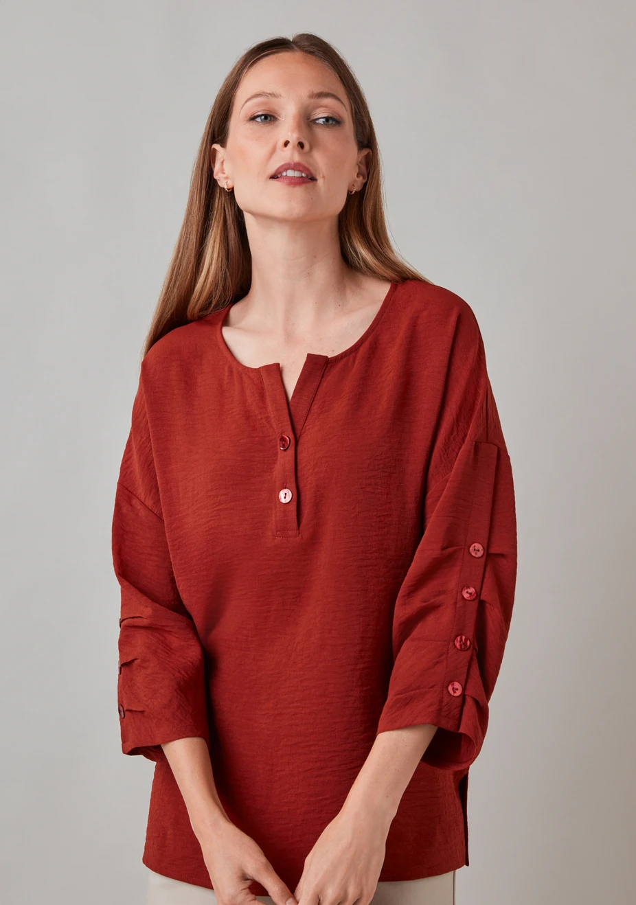 Petite 3/4 Sleeve Button Detail Split Neck Blouse Terracotta