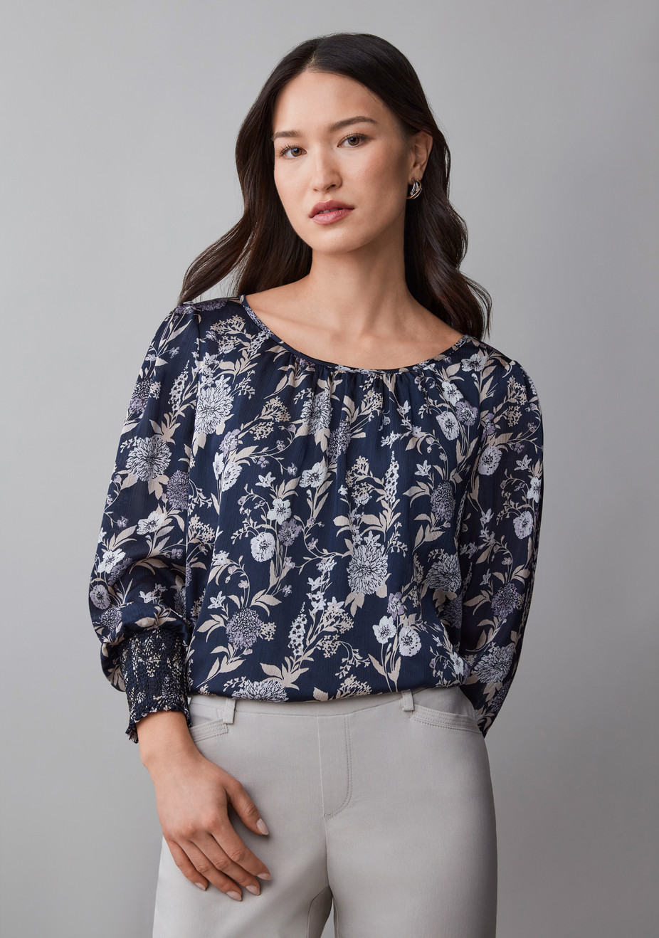 Long Sleeve Round Neck Blouse Navy Lavender Floral