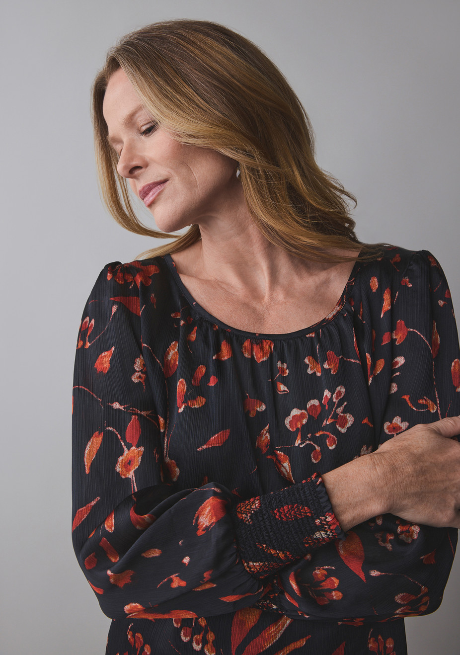 Long Sleeve Round Neck Blouse Black Floral