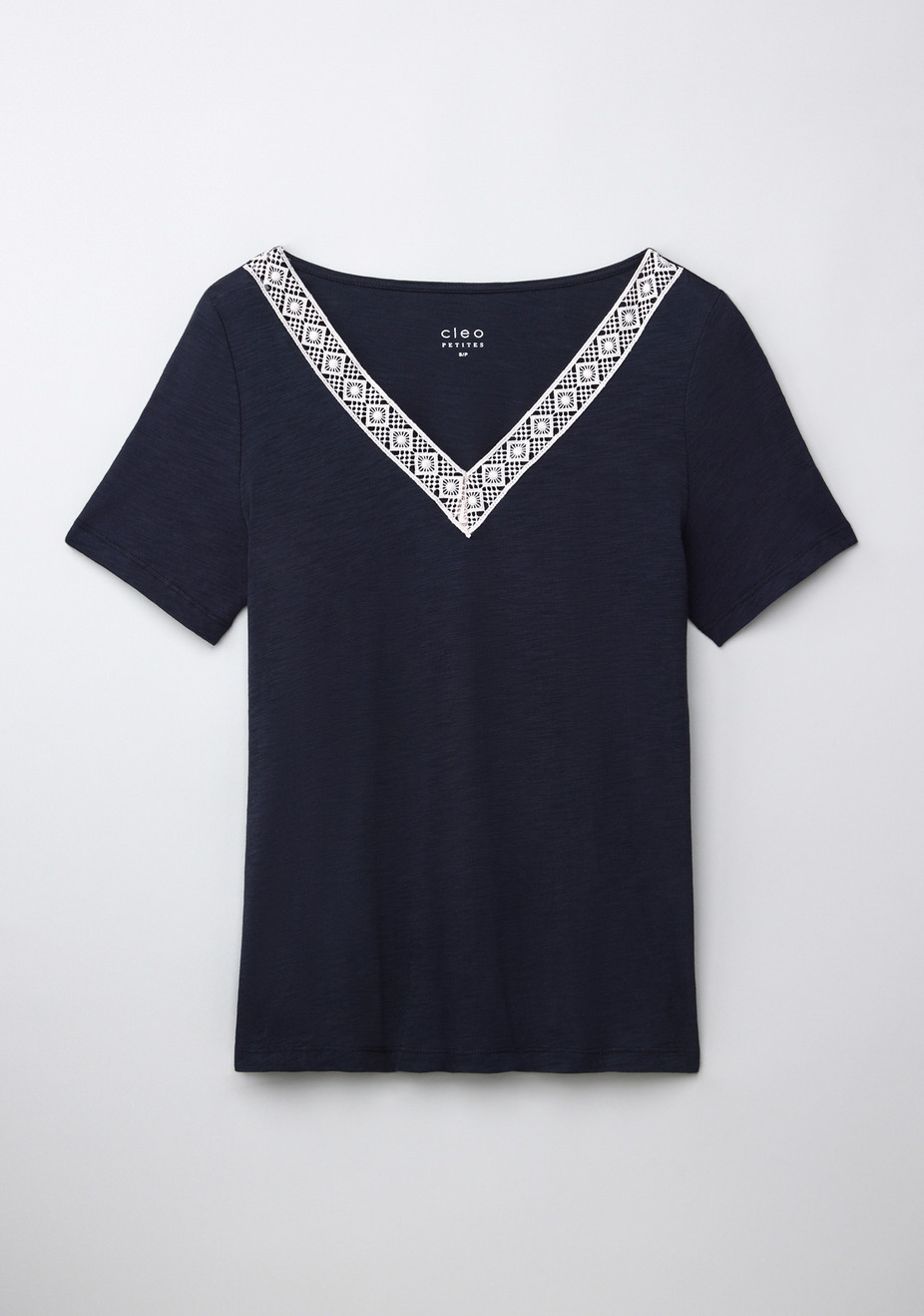Short Sleeve Knit Crochet V Neck T-Shirt Black