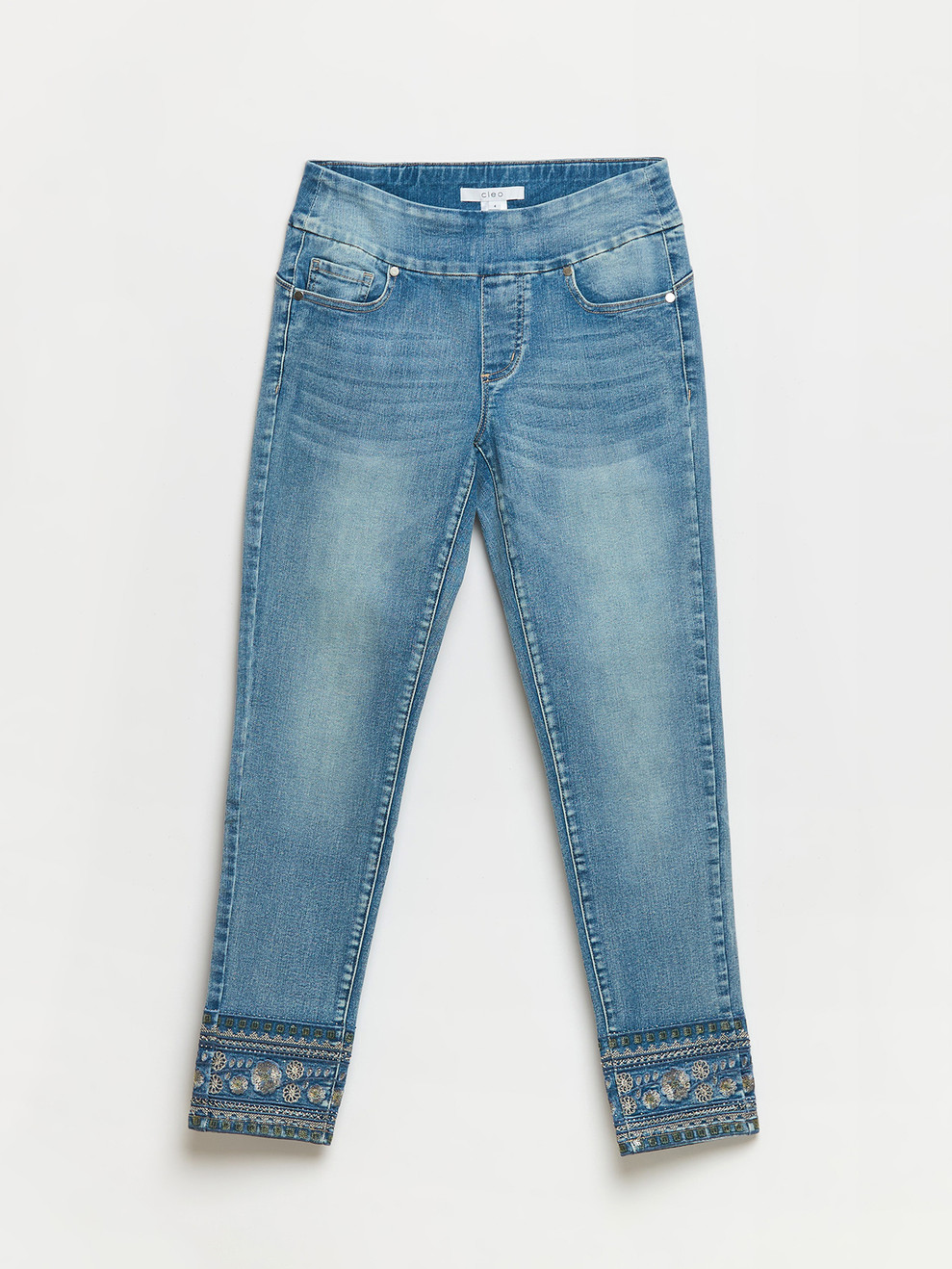 Blake Light Wash Pull On Embroidered Ankle Jean