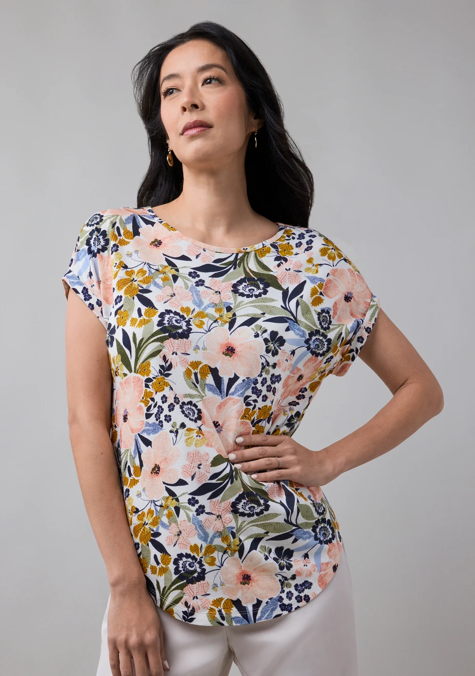 Short Sleeve Cuffed Slub Boat Neck Tee Multi Floral