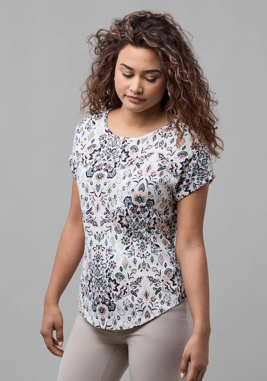 Short Sleeve Cuffed Slub Boat Neck Tee Navy Paisley