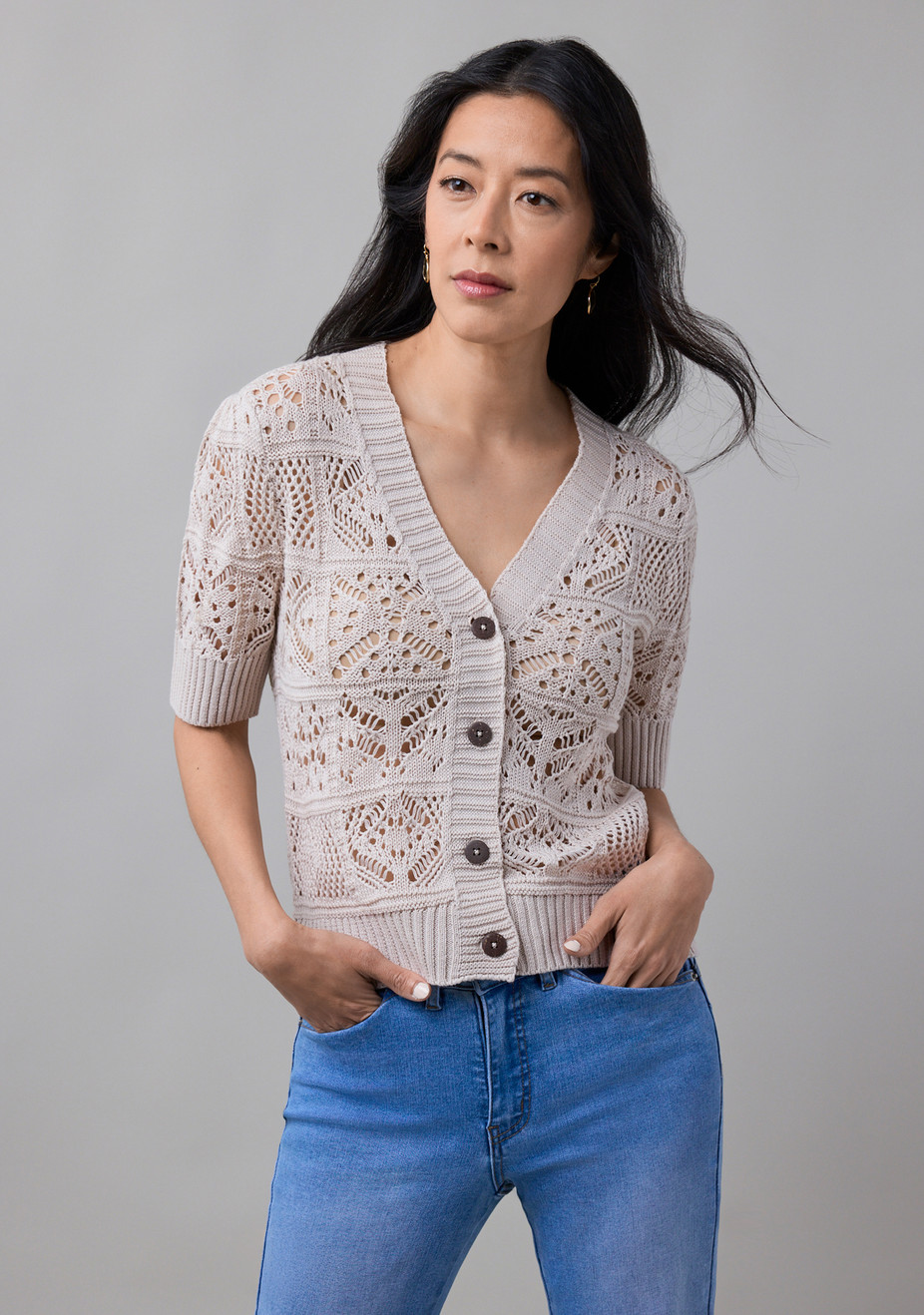 Elbow Sleeve Short Button Cardigan Stone