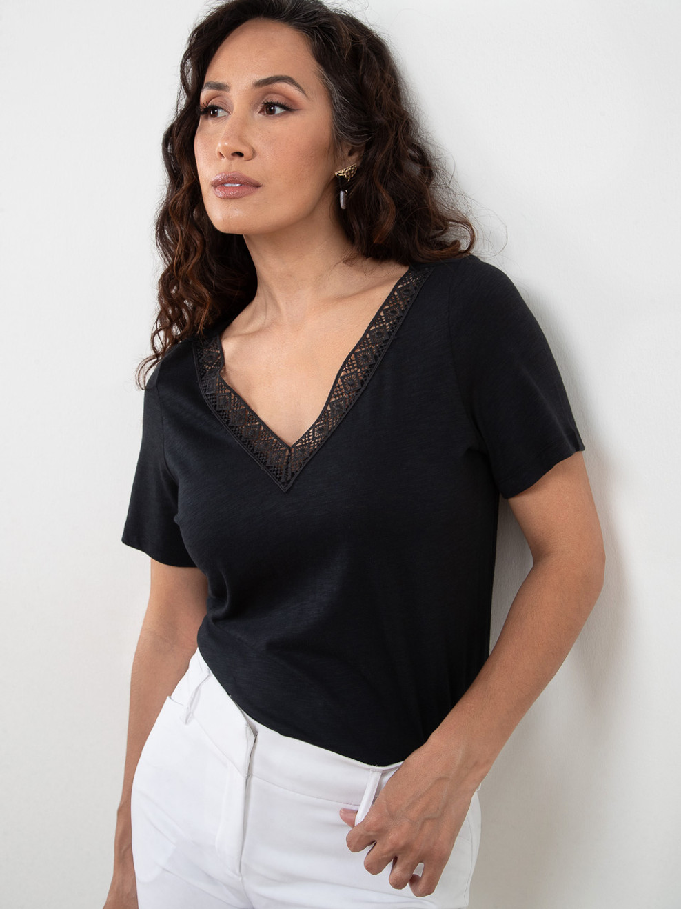 Petite Short Sleeve Black Crochet V-Neck T-Shirt