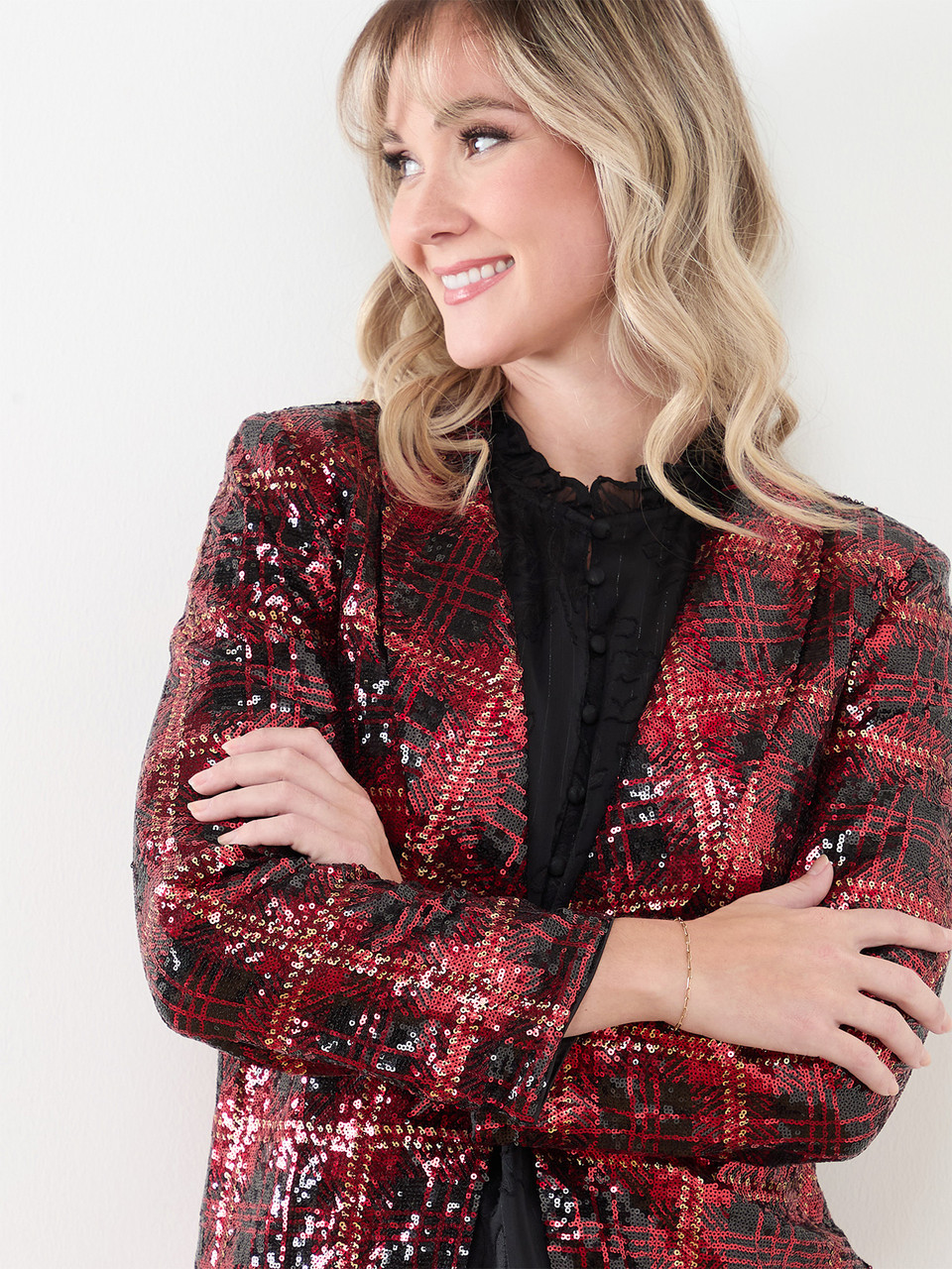 Petite Socialite Sequin Plaid Blazer Cleo