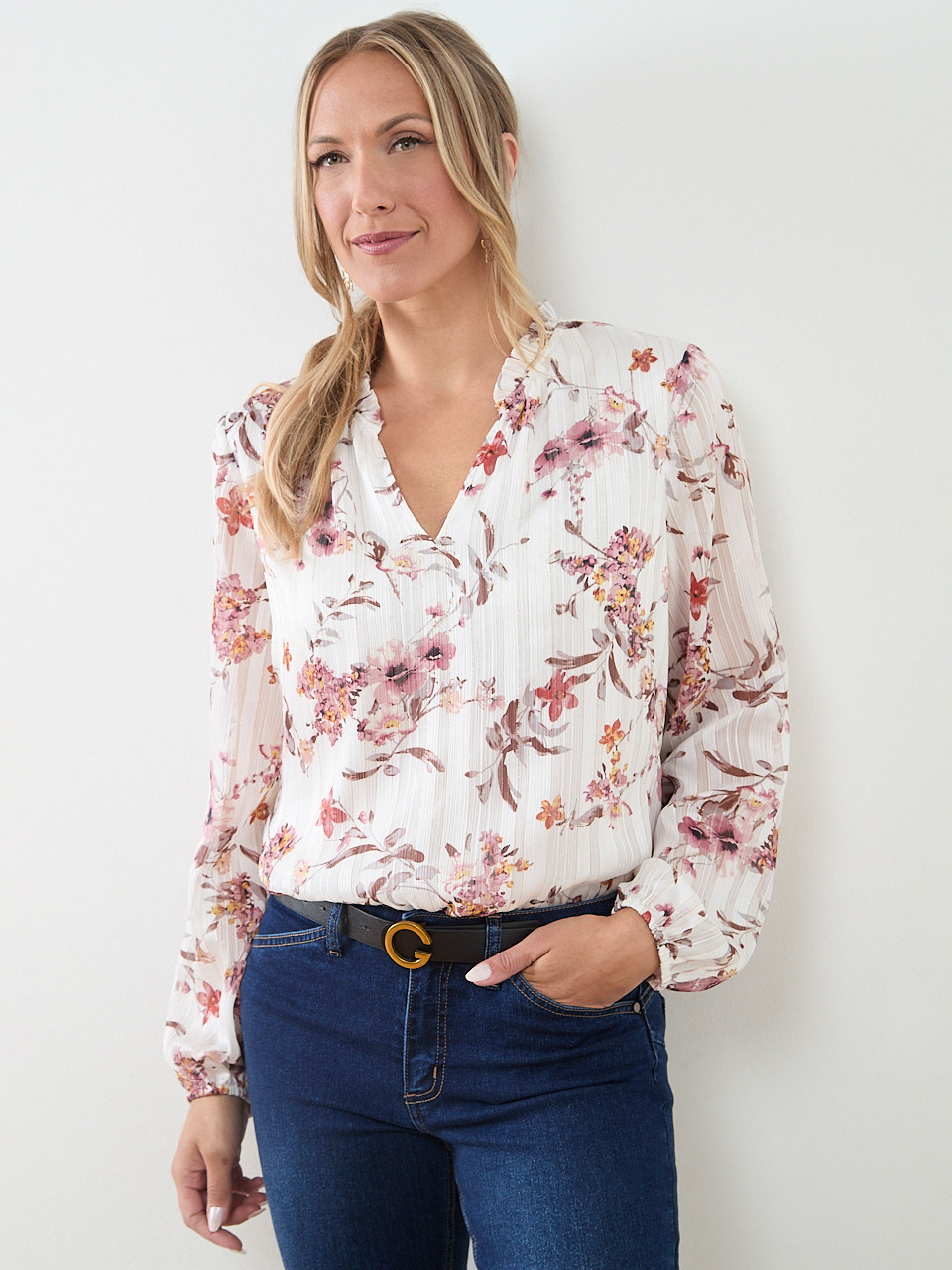 Relaxed Fit Ruffle-Detail Chiffon Blouse