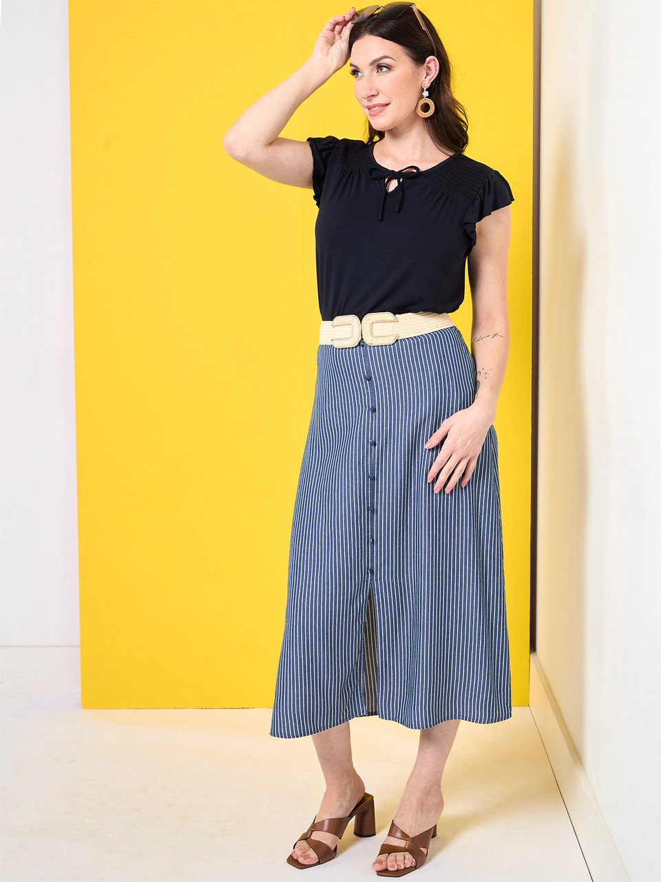 Button Front Skirt in Navy/White Stripe