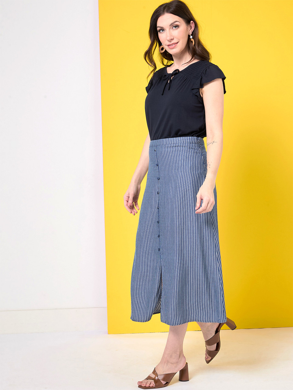 Button Front Skirt in Navy/White Stripe