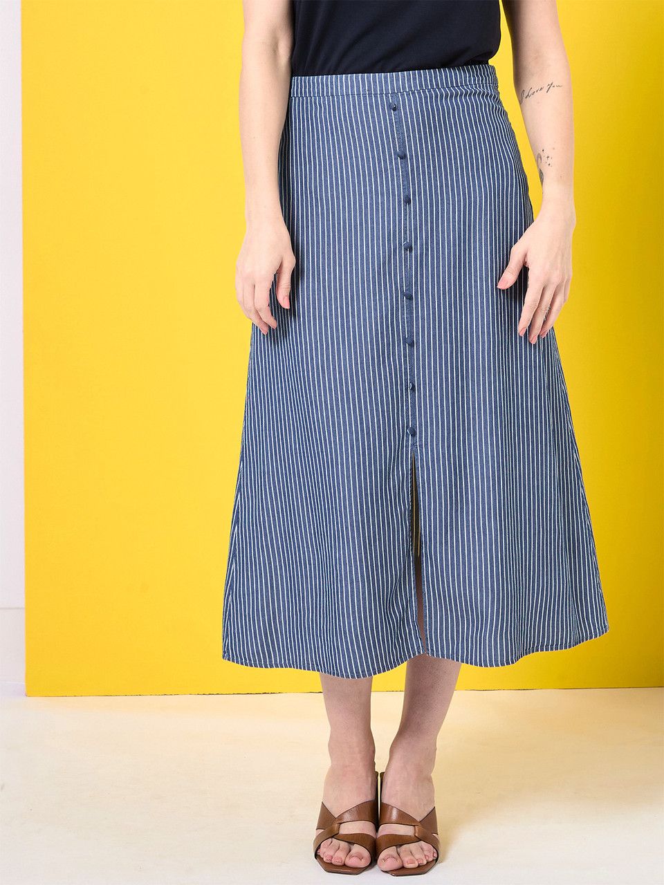 Button Front Skirt in Navy/White Stripe