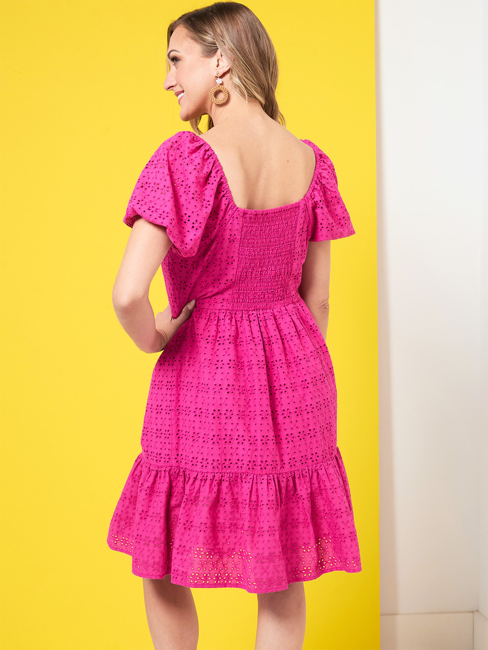 Eyelet Puff Sleeve Dress in Magenta