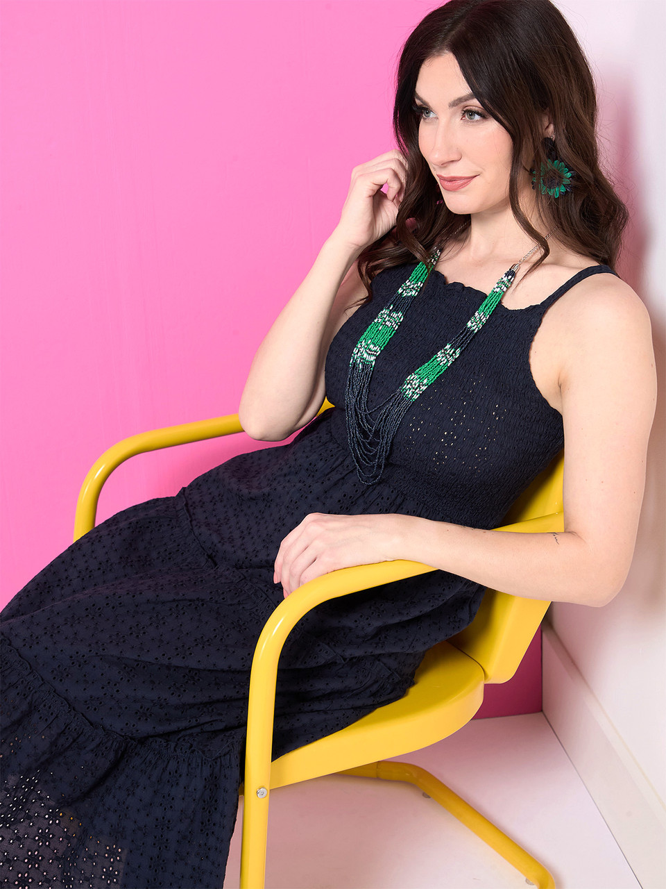 Eyelet Smocked Midi Dress in Navy