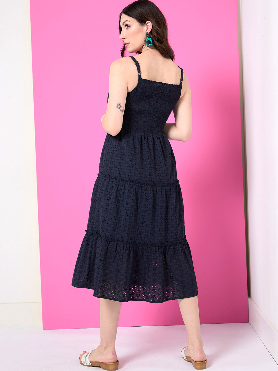 Eyelet Smocked Midi Dress in Navy