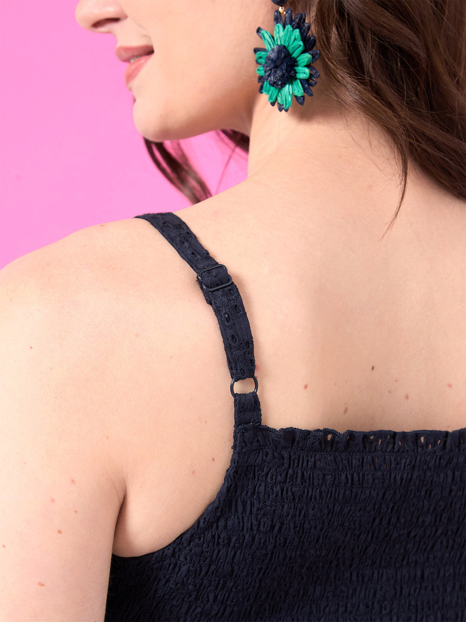 Eyelet Smocked Midi Dress in Navy