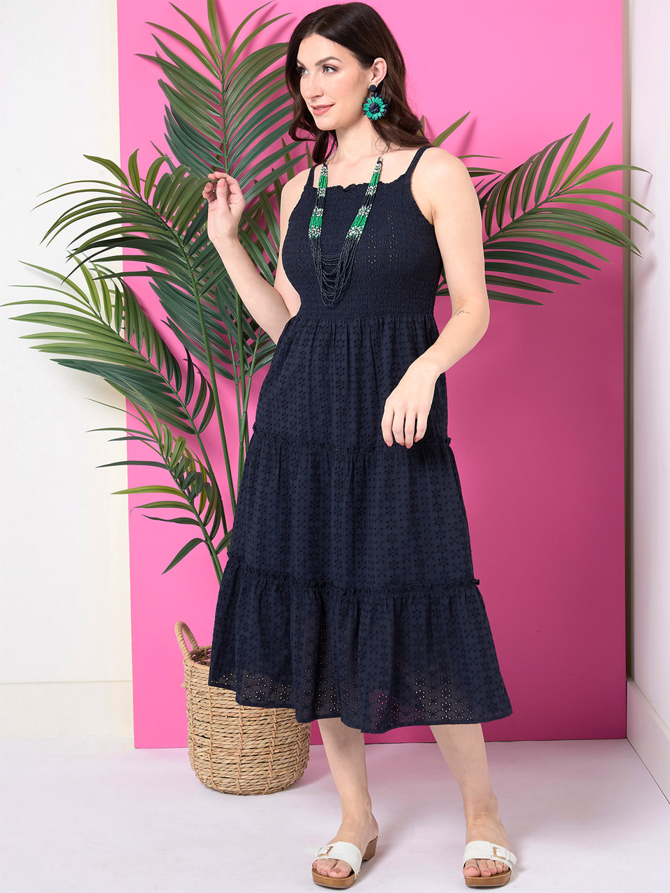 Eyelet Smocked Midi Dress in Navy
