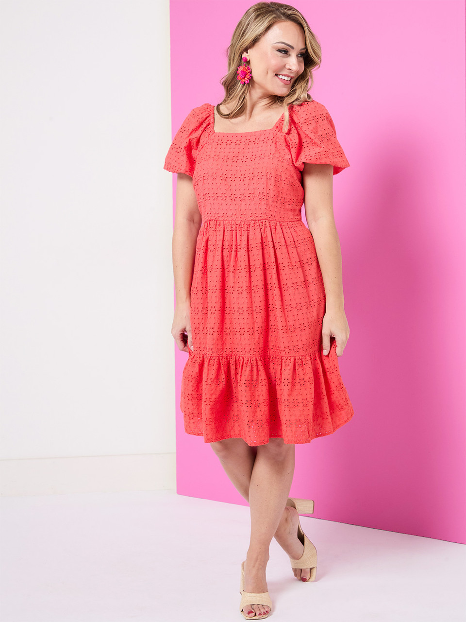 Petite Eyelet Puff Sleeve Dress in Papaya