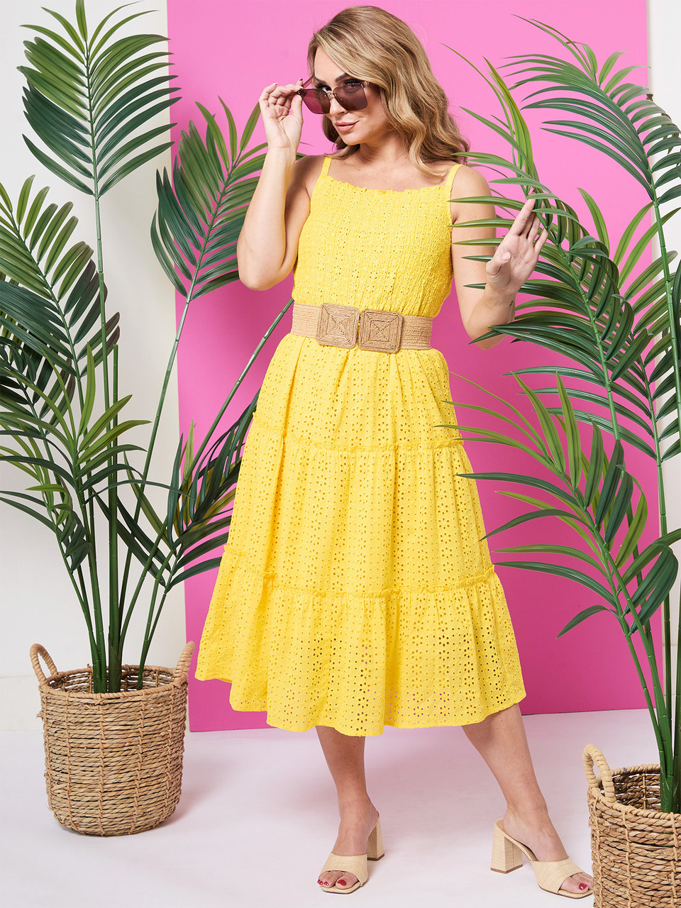 Petite Eyelet Smocked Midi Dress in Yellow