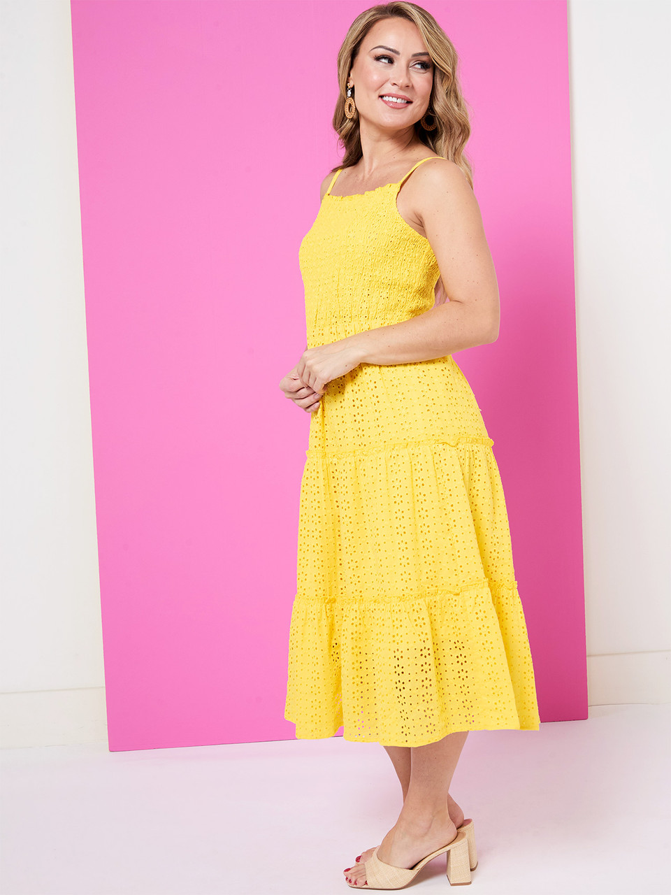 Petite Eyelet Smocked Midi Dress in Yellow