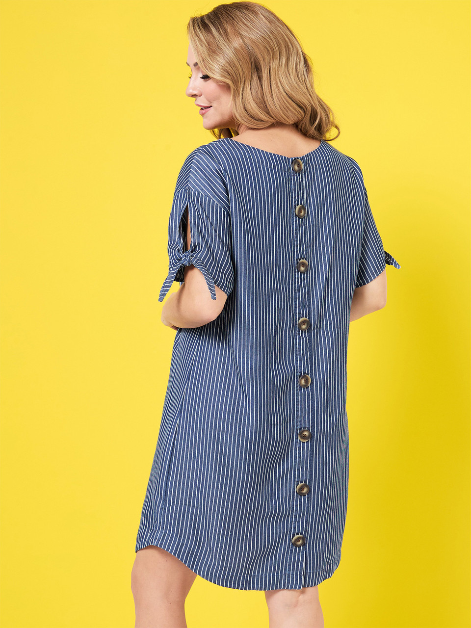 Petite Tie Sleeve Button-Back Dress in Blue/White