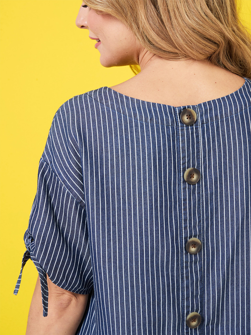 Petite Tie Sleeve Button-Back Dress in Blue/White