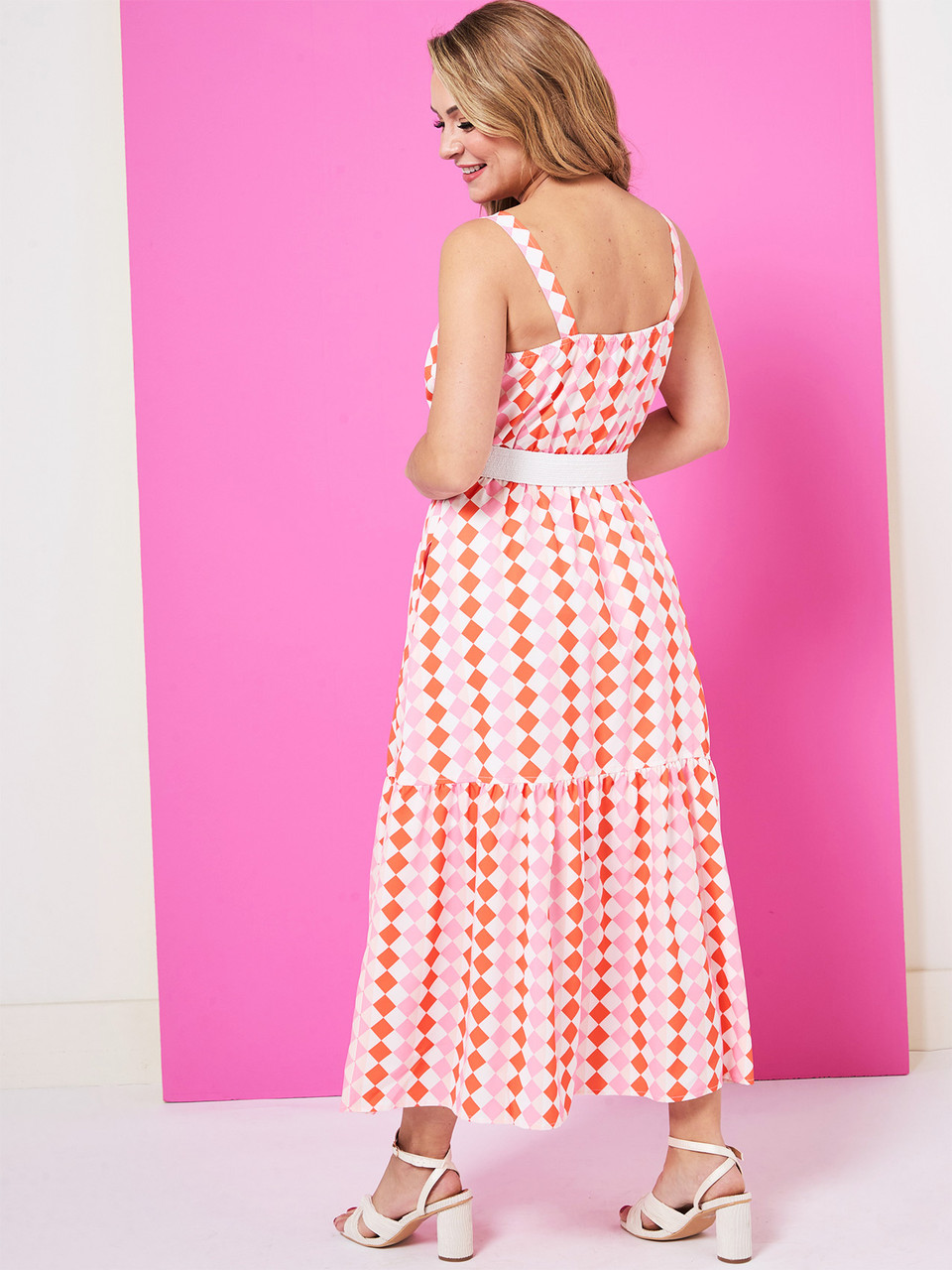 Petite Woven Maxi Dress with Belt in Orange/Stone
