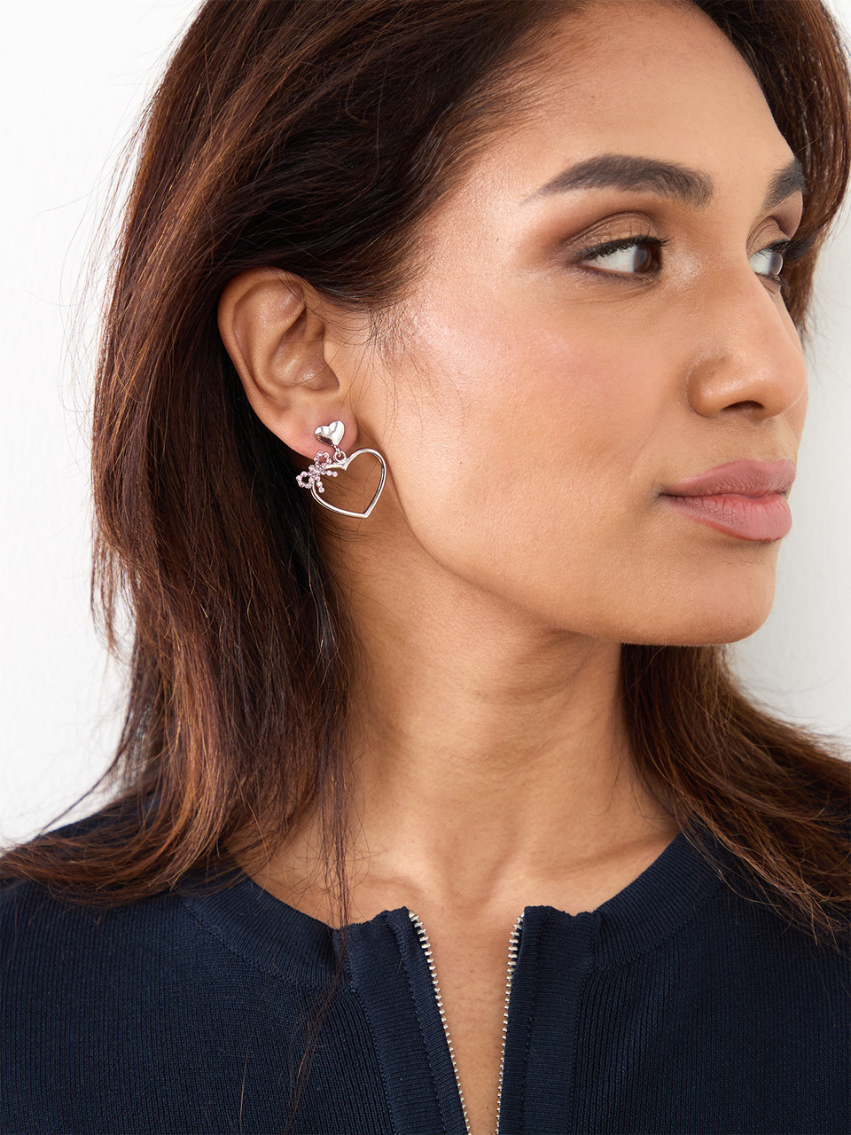 Silver Heart with Pink Pave Bow Earrings