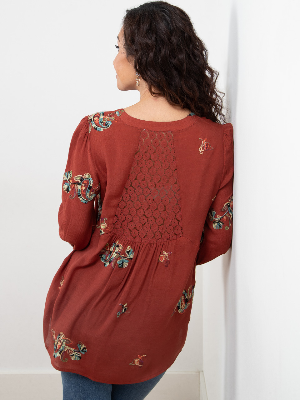 Petite Elbow Sleeve Embroidered Blouse in Terracotta