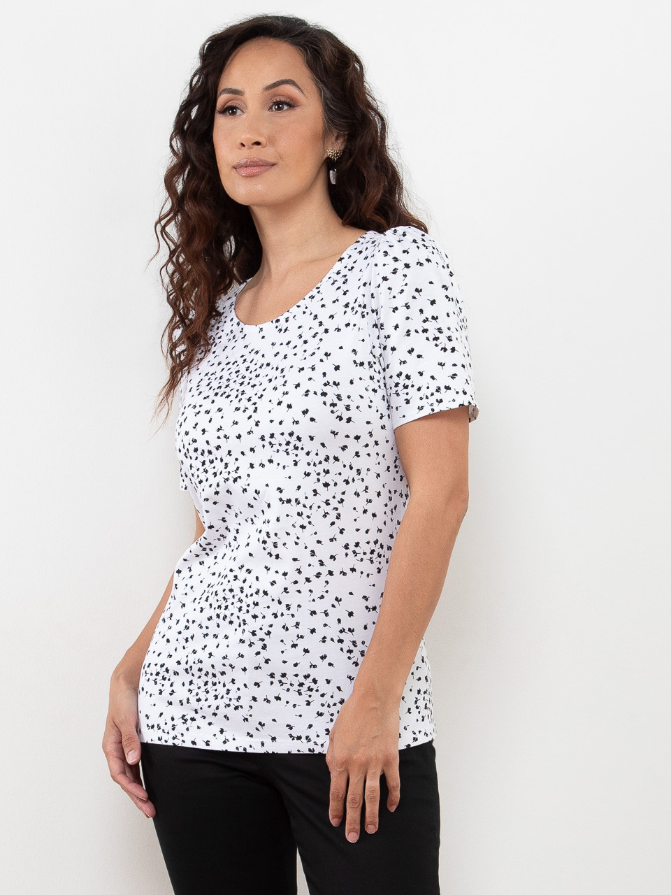 Petite Short Sleeve Knit Gathered T-Shirt in Black Pearl