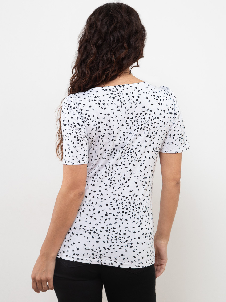 Petite Short Sleeve Knit Gathered T-Shirt in Black Pearl