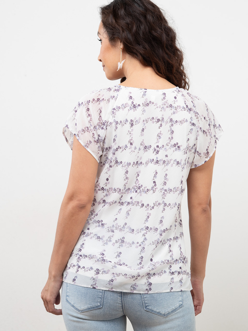 Petite Tulip Front Chiffon Blouse in Purple Print