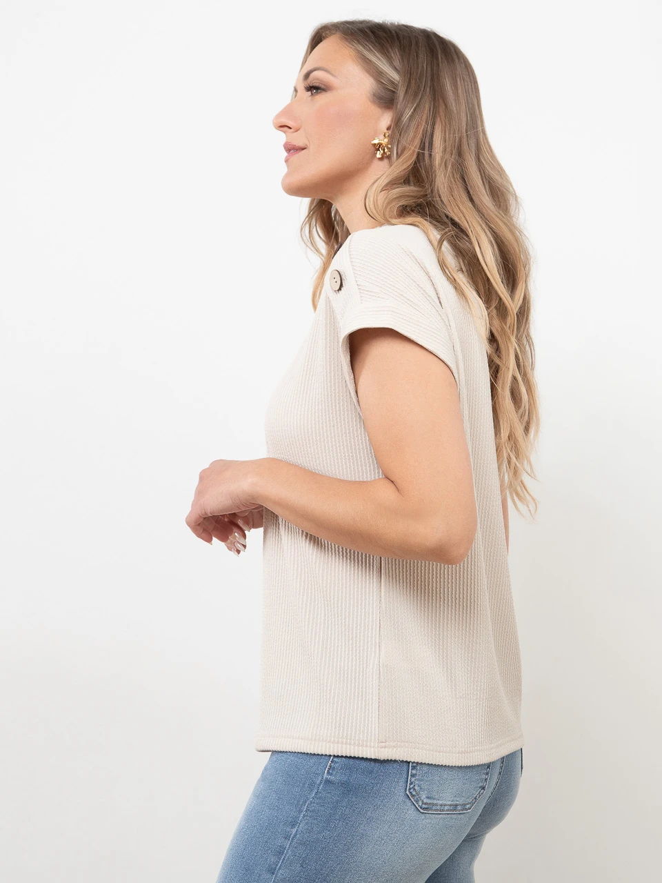 Relaxed Cap Sleeve Top with Button Detail in Sand