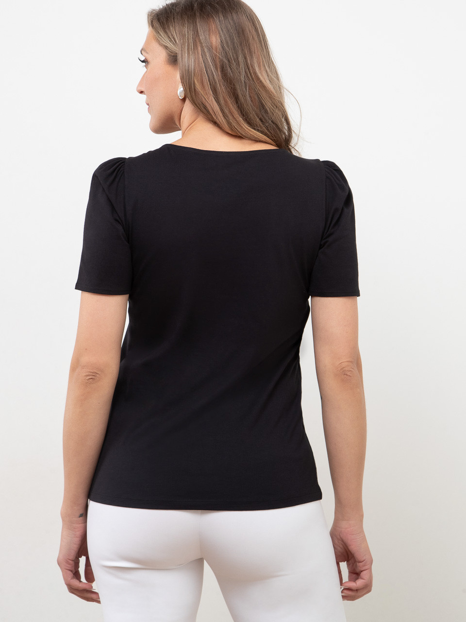 Short Sleeve Knit Gathered T-Shirt in Black Pearl