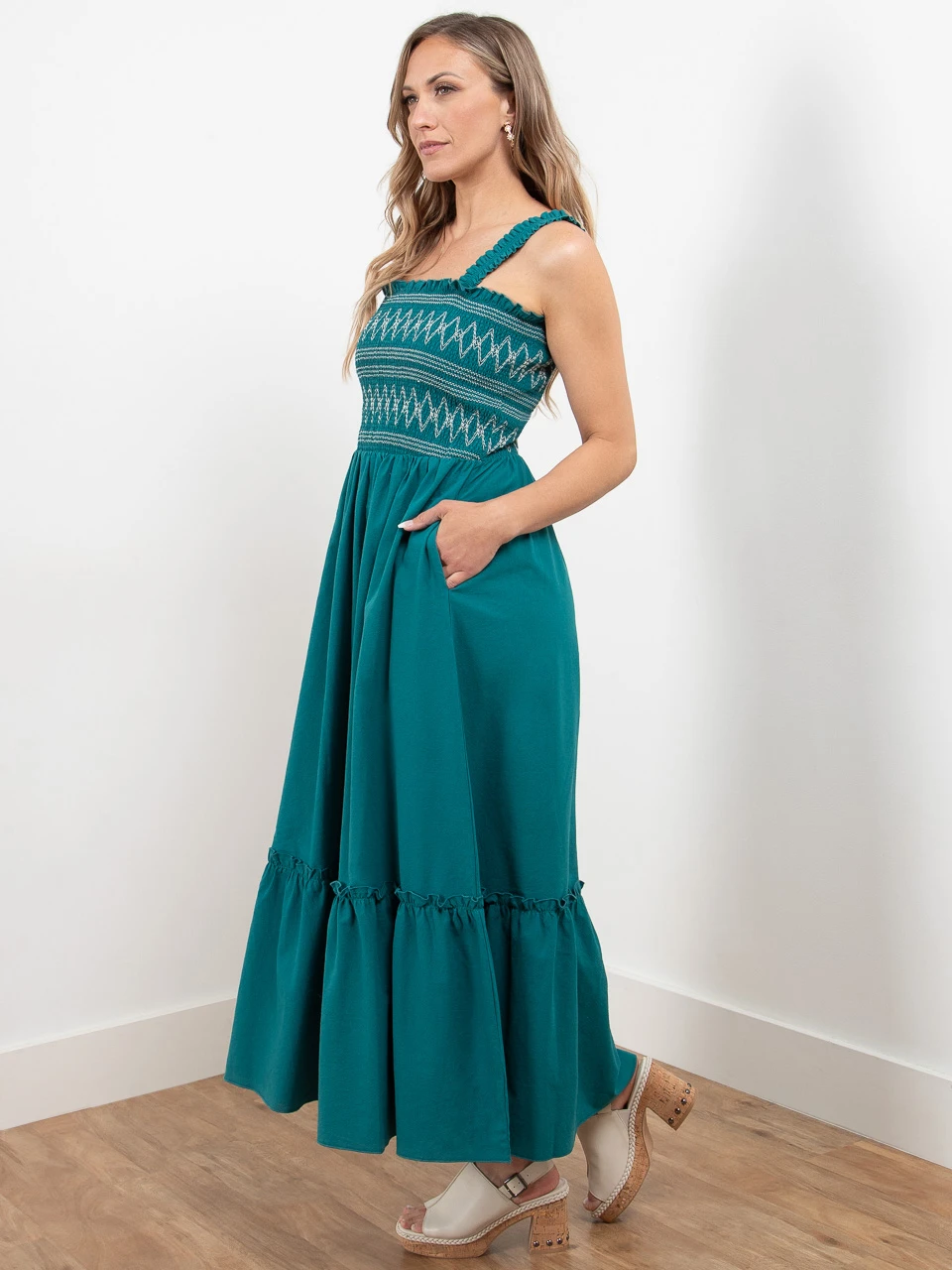 Smocked Maxi Dress in Peacock