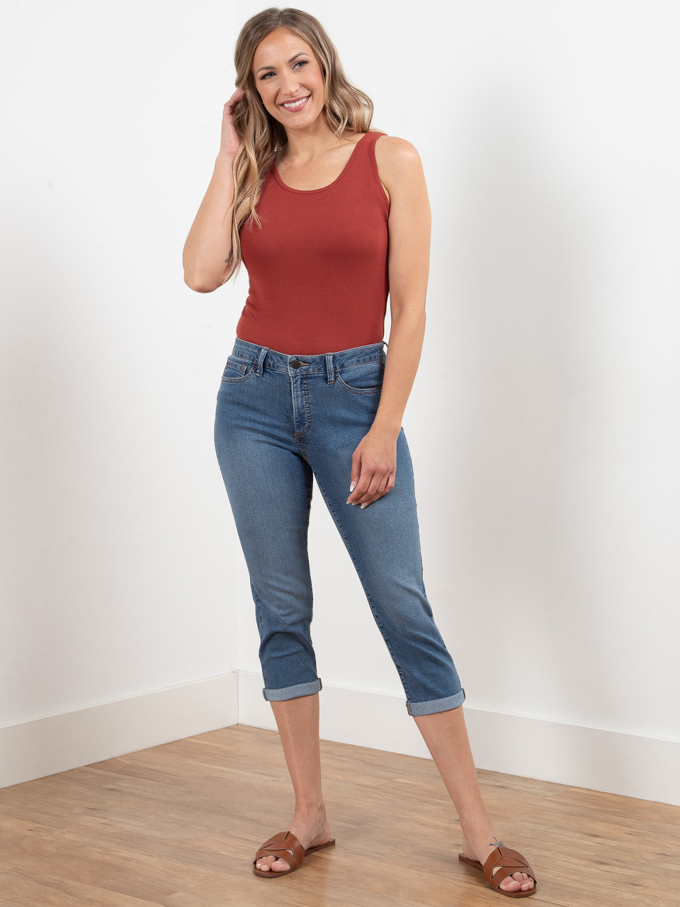 Stretch Cotton U-Neck Tank in Terracotta