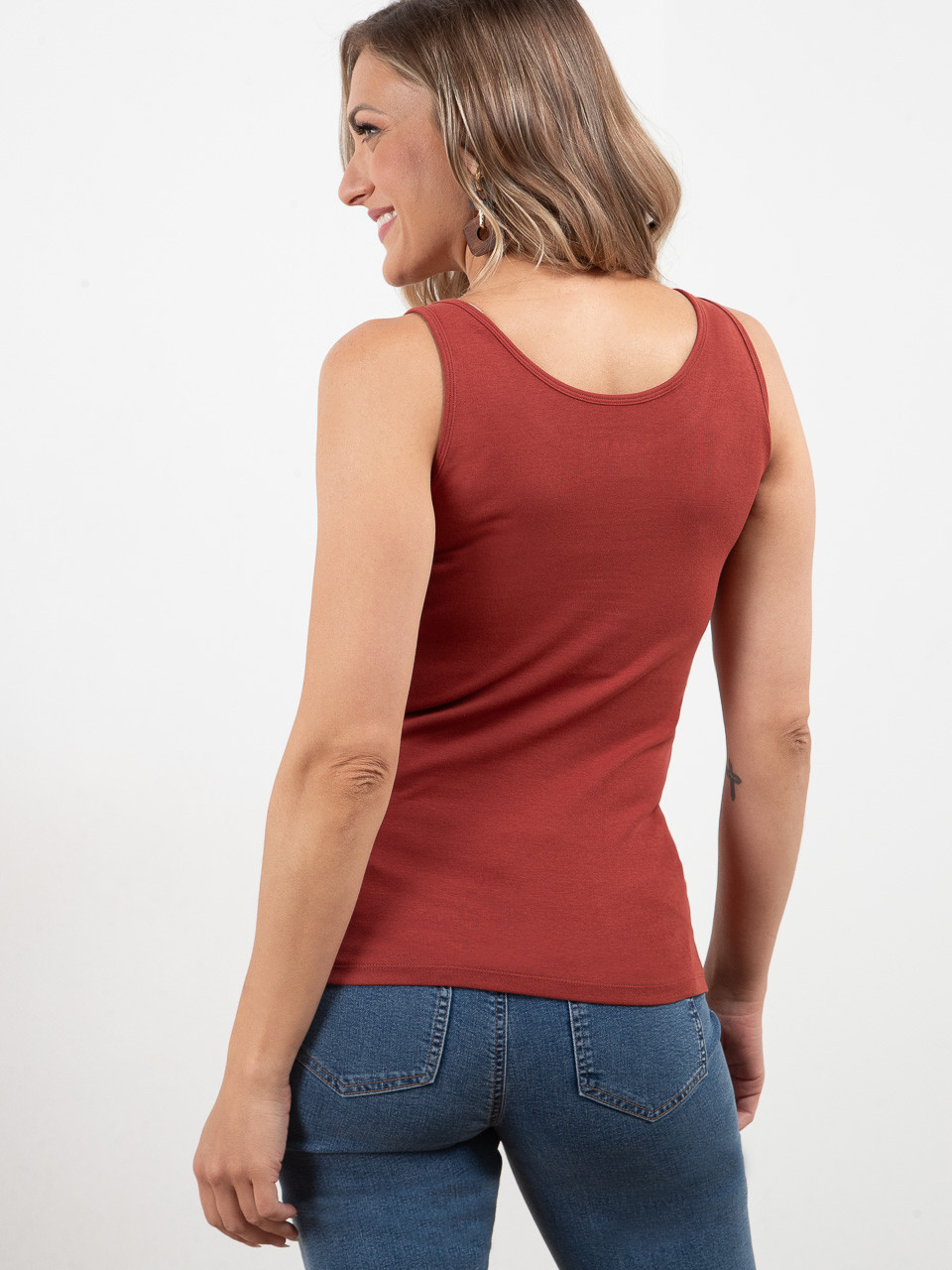 Stretch Cotton U-Neck Tank in Terracotta