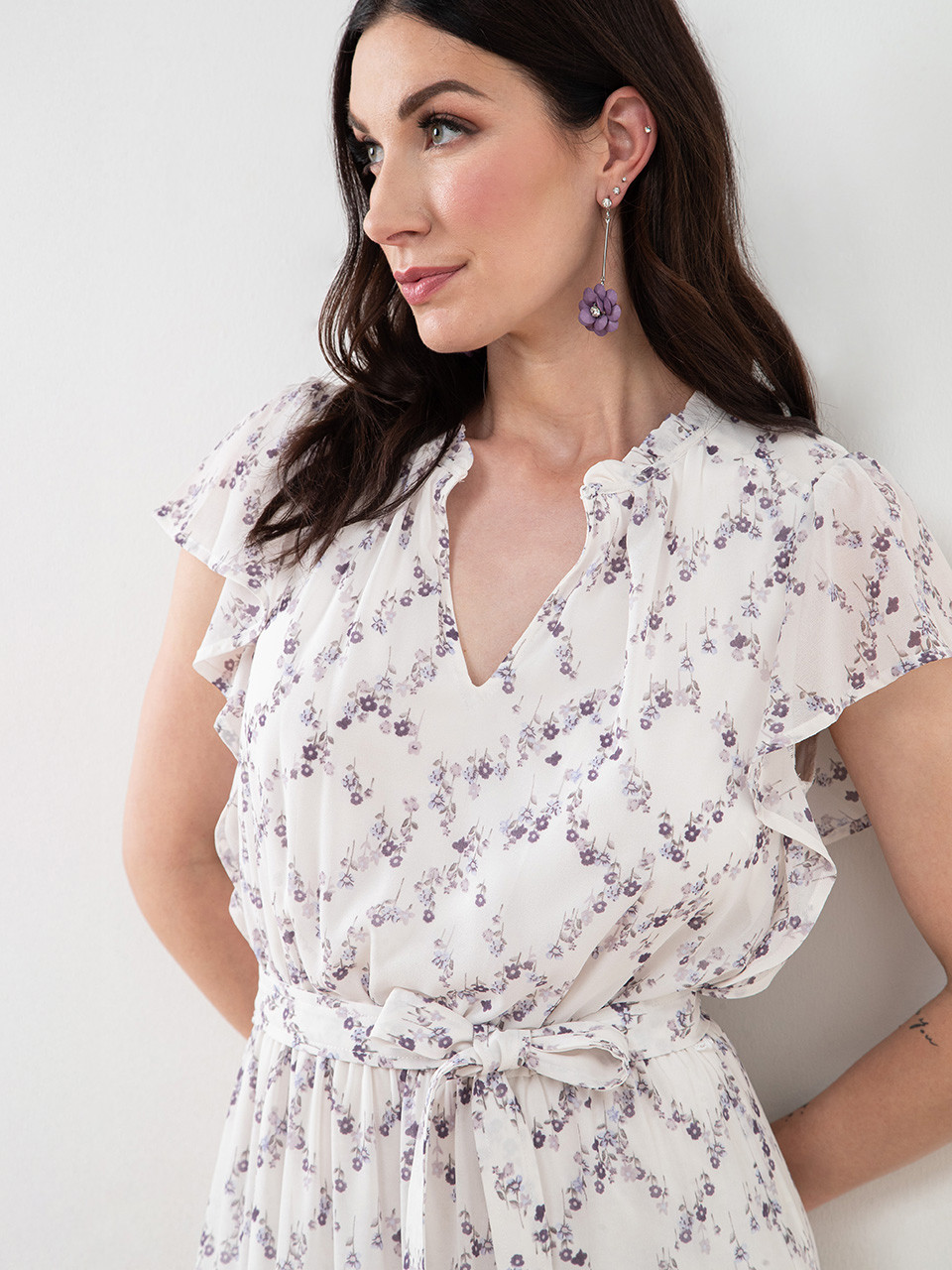 Chiffon Ditsy Floral Flutter Sleeve Dress