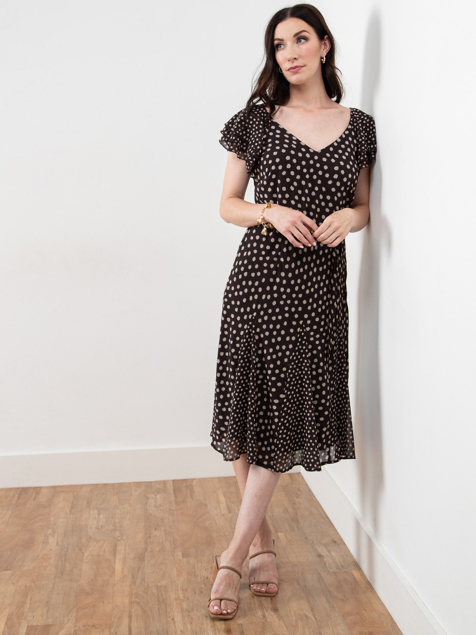Chiffon Flutter Sleeve Mocha Dress