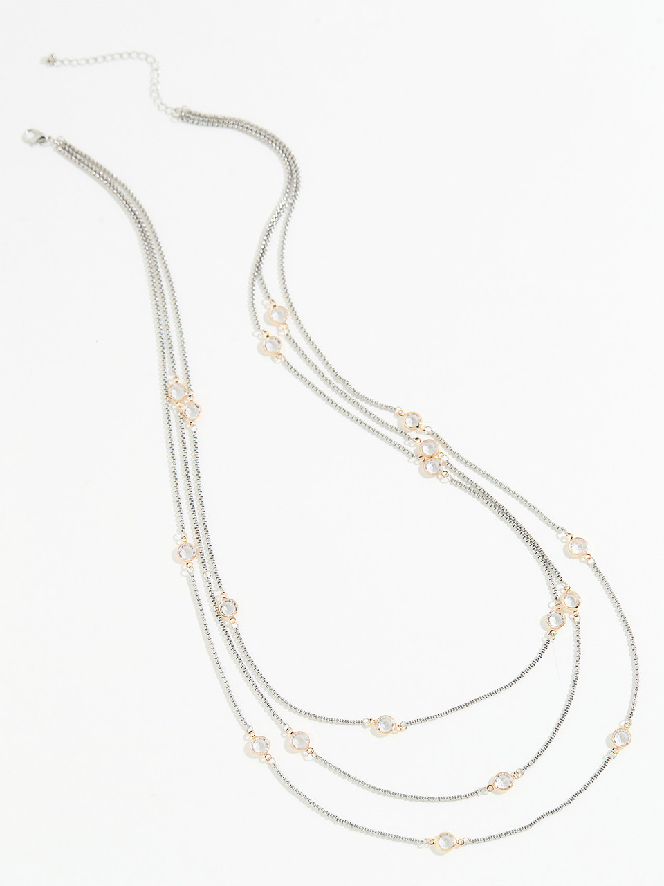 Long Multi-Layer Silver & Crystal Necklace