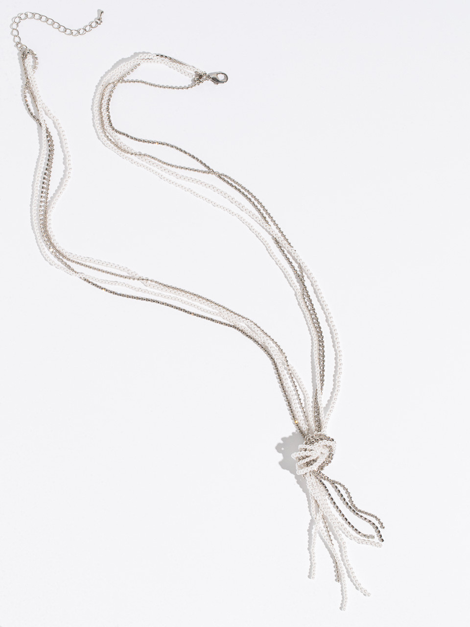 Long Multi-Strand Pearl/Rhinestone Tassel Necklace