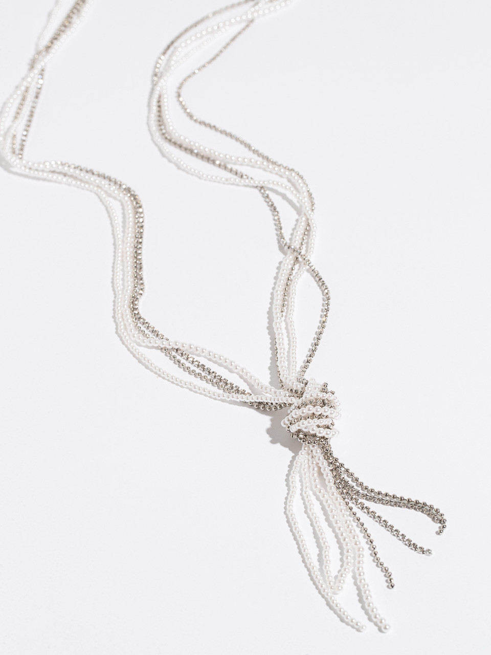 Long Multi-Strand Pearl/Rhinestone Tassel Necklace